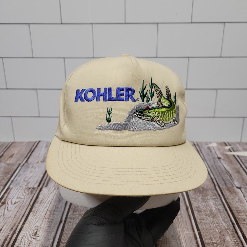 Vintage Kohler Fishing Snapback Hat K-Products USA Bass Fish Beige Rope Cap